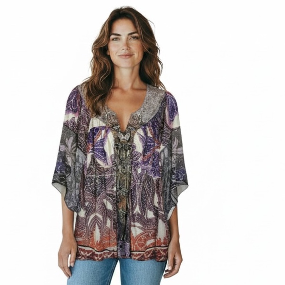 One World Blouse Women's Size Small Boho‎ Embellished Purple Blue